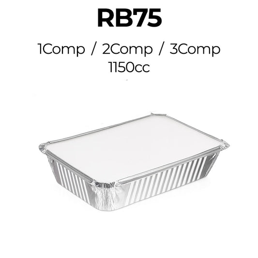 Aluminum food container with 'RB75' and compartment details on a white background