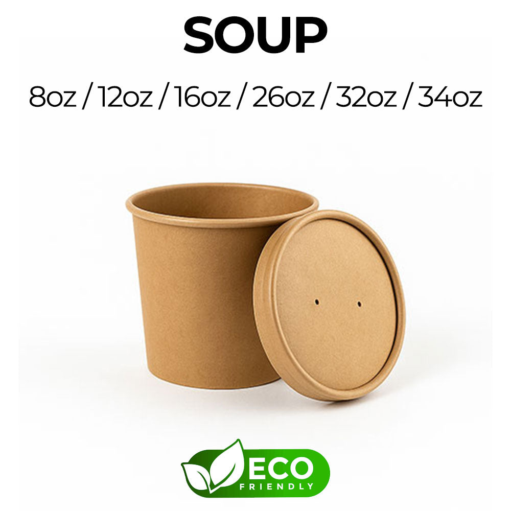 Kraft paper soup container with lid and eco-friendly label on a white background