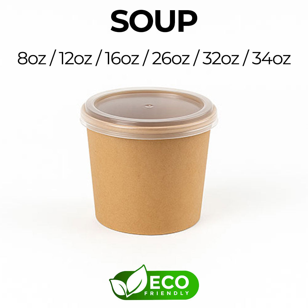 Kraft paper soup container with a lid and eco-friendly label on a white background