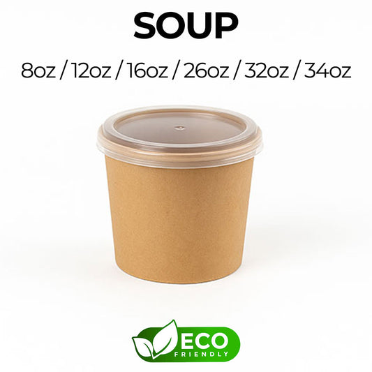 Kraft paper soup container with a lid and eco-friendly label on a white background