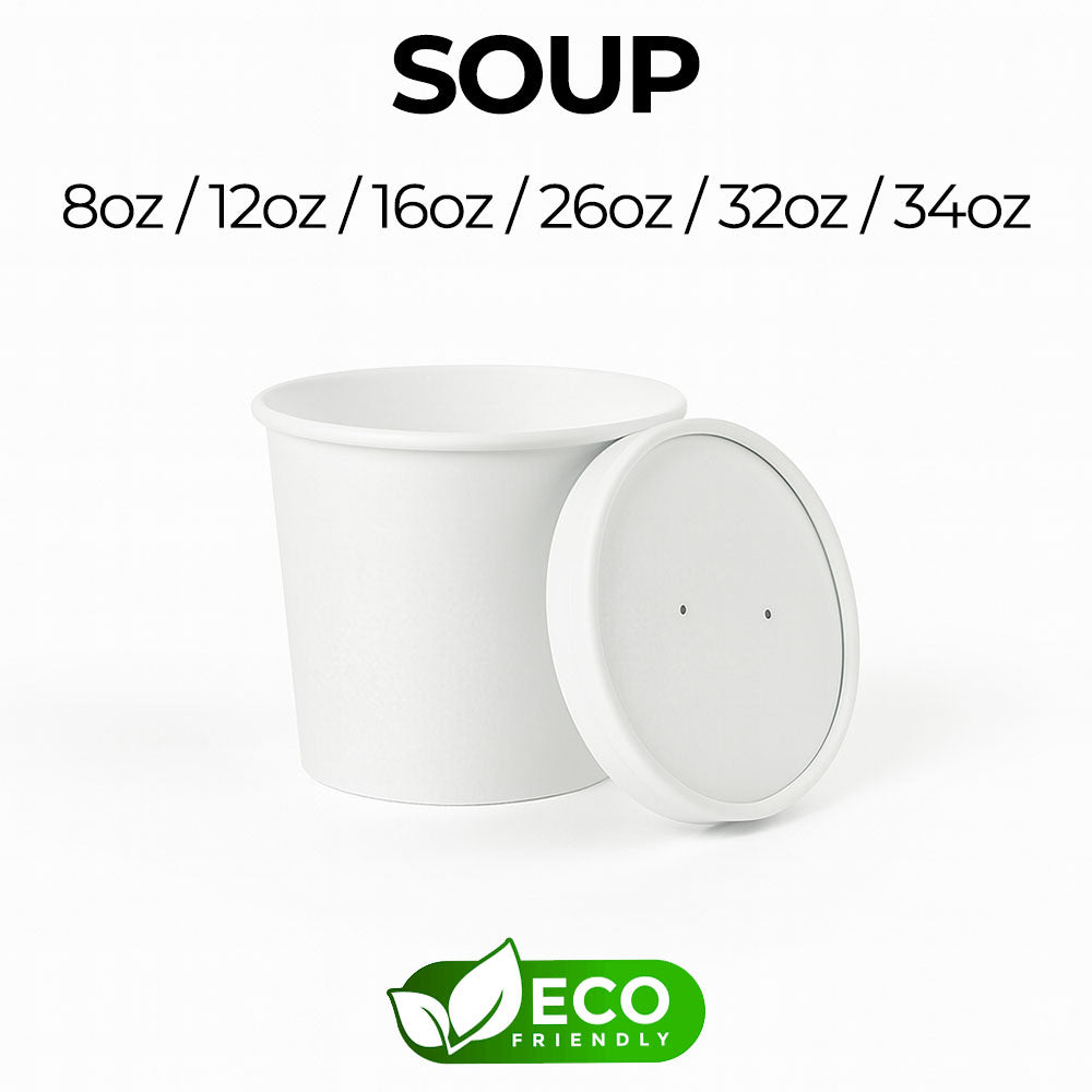 White soup container with lid and eco-friendly label on a white background