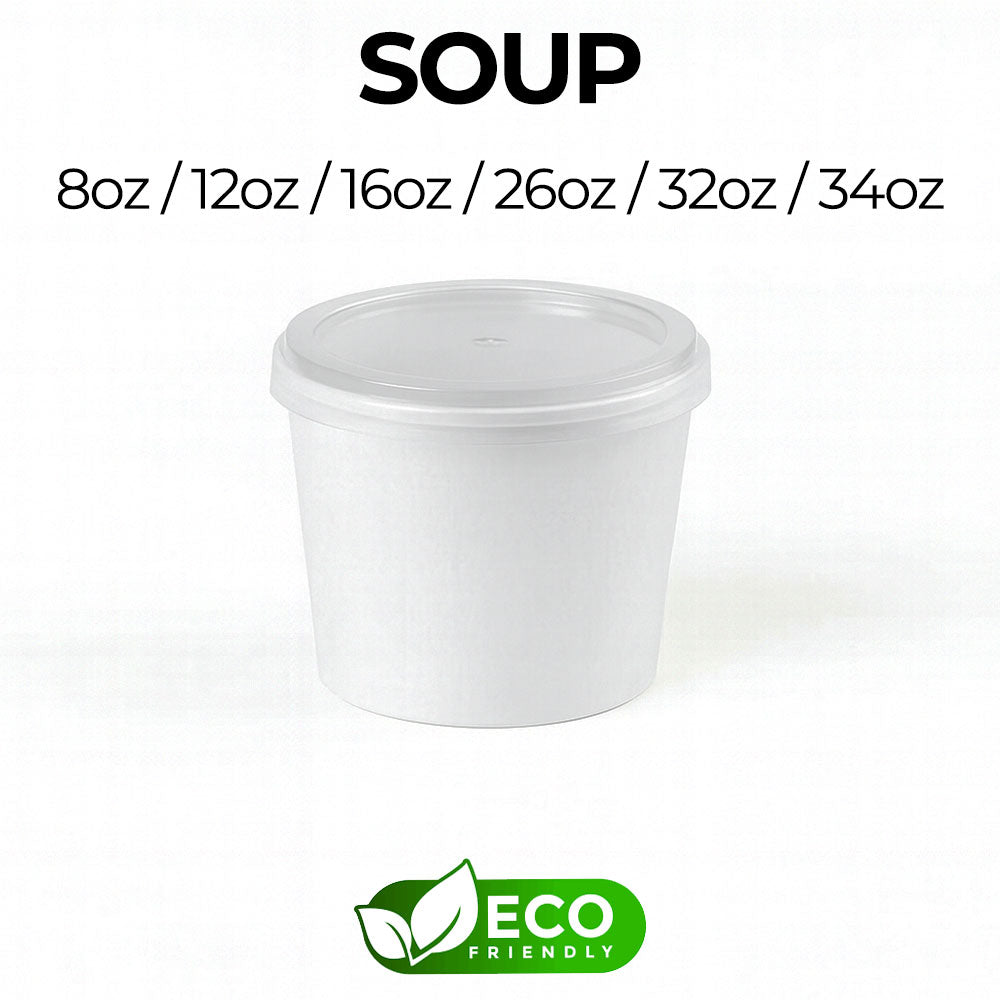 White soup container with lid on a white background, featuring an 'Eco Friendly' label.
