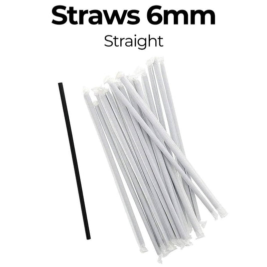 Pack of straight straws with a size indicator on a white background
