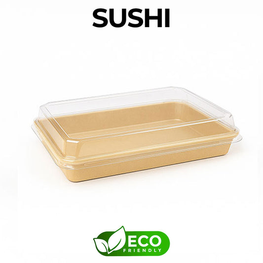 Beige sushi container with clear lid on a white background, featuring 'SUSHI' text and an eco-friendly logo.