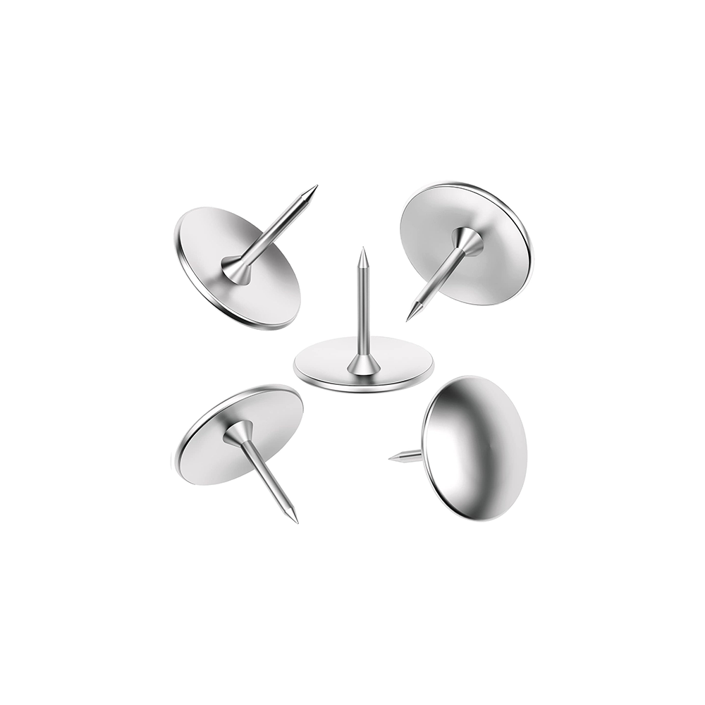 Set of silver push pins on a white background