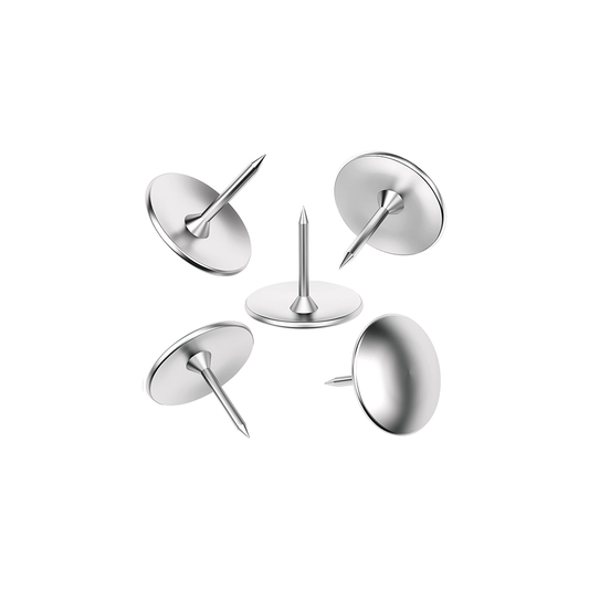 Set of silver push pins on a white background
