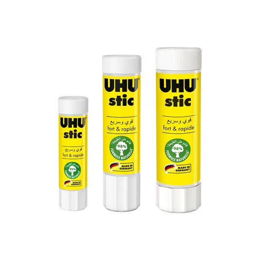 Three UHU stic glue sticks of different sizes on a white background