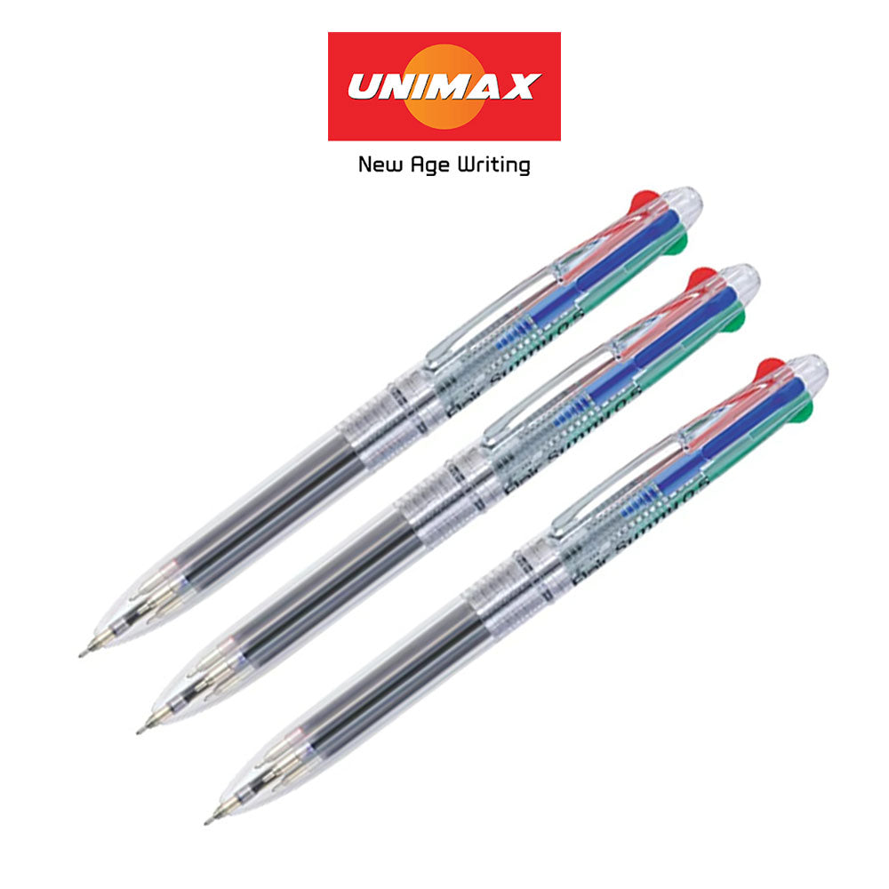 Three pens with multicolored accents on a white background, featuring the Unimax logo.