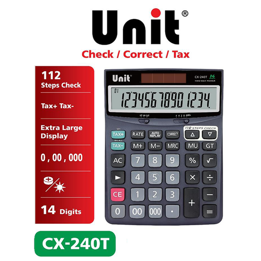 Unit calculator CX-240T with features listed on a red card on a white background