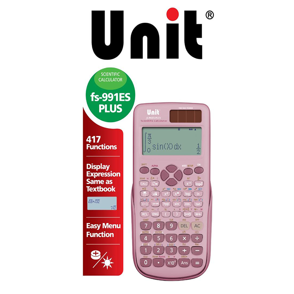Pink scientific calculator with Unit branding on a white background