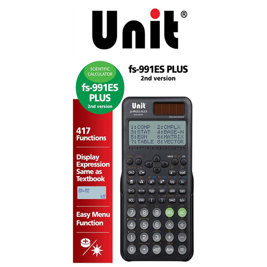 Unit scientific calculator fs-991ES PLUS with packaging on a white background