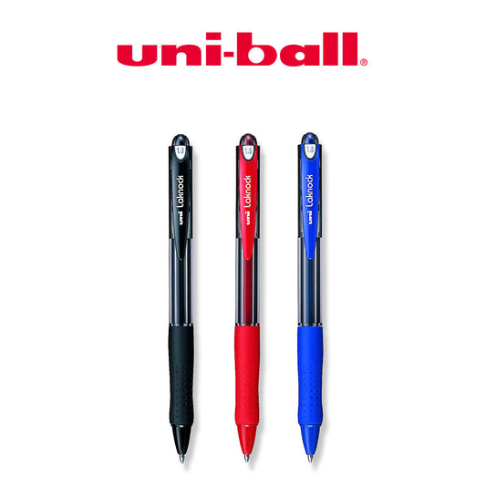 Three uni-ball pens in black, red, and blue on a white background with 'uni-ball' branding.