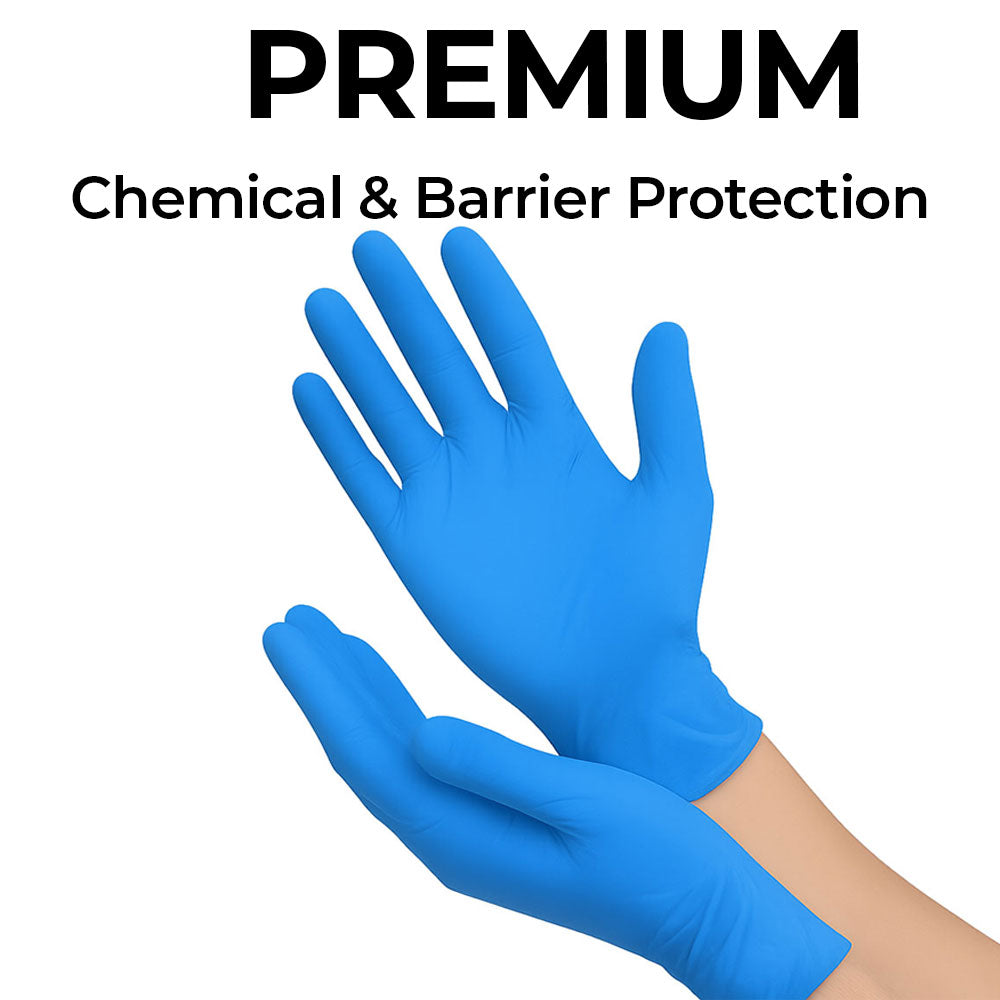 Blue gloves with text 'PREMIUM Chemical & Barrier Protection' on a white background