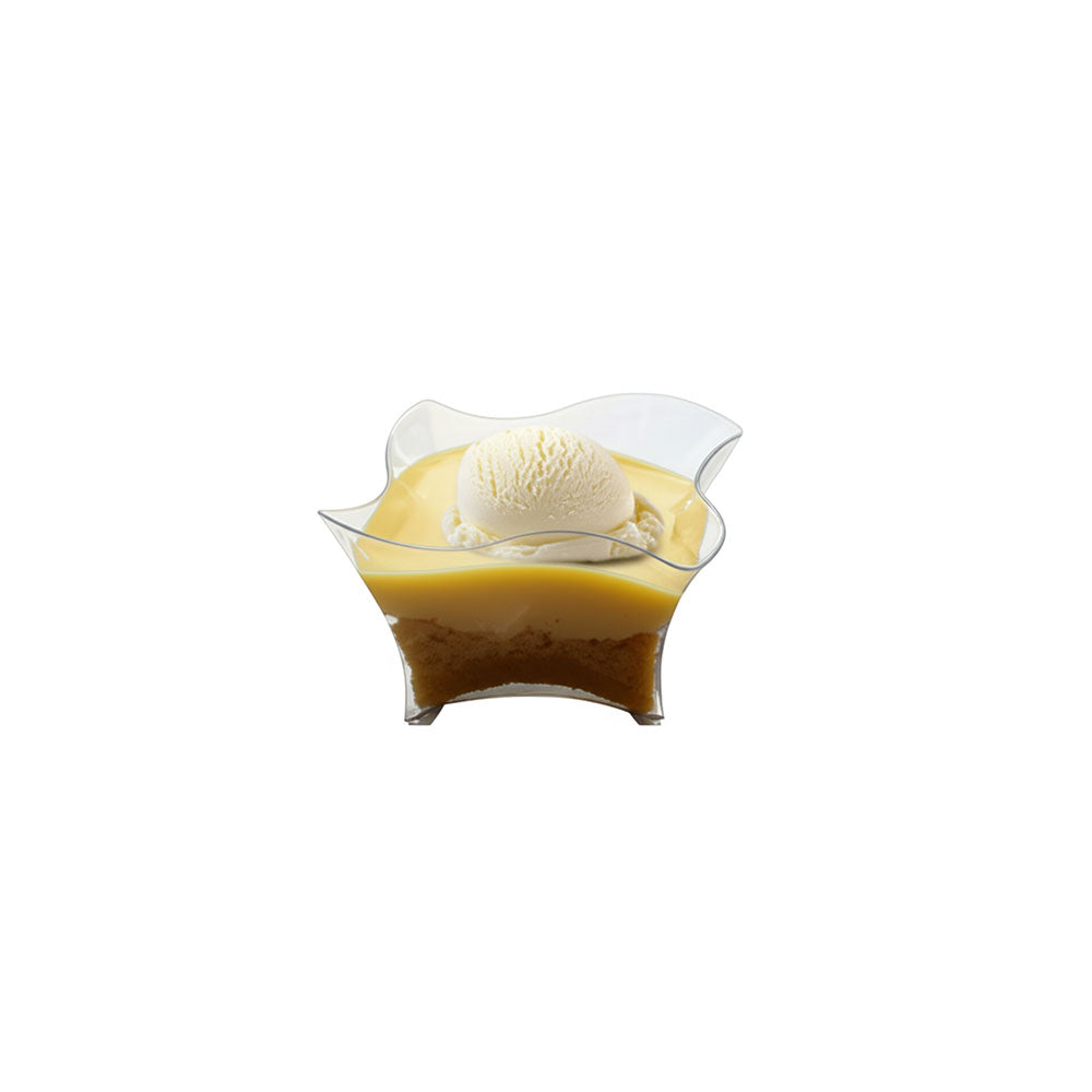 Glass bowl with vanilla ice cream and custard on a white background