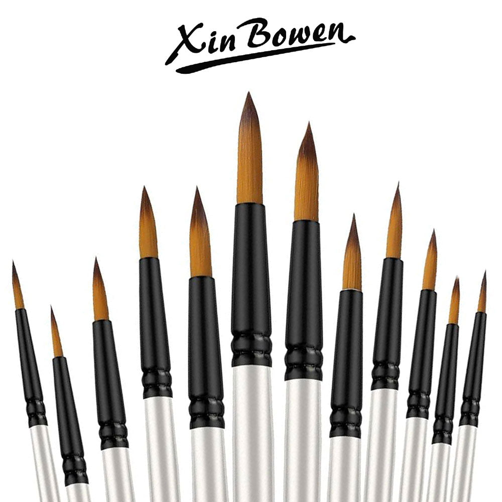 Set of paint brushes with black and wooden handles on a white background, featuring the brand 'Xin Bowen'.