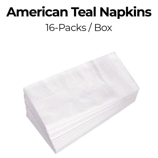Stack of white napkins with text 'American Teal Napkins 16-Packs/Box' on a white background