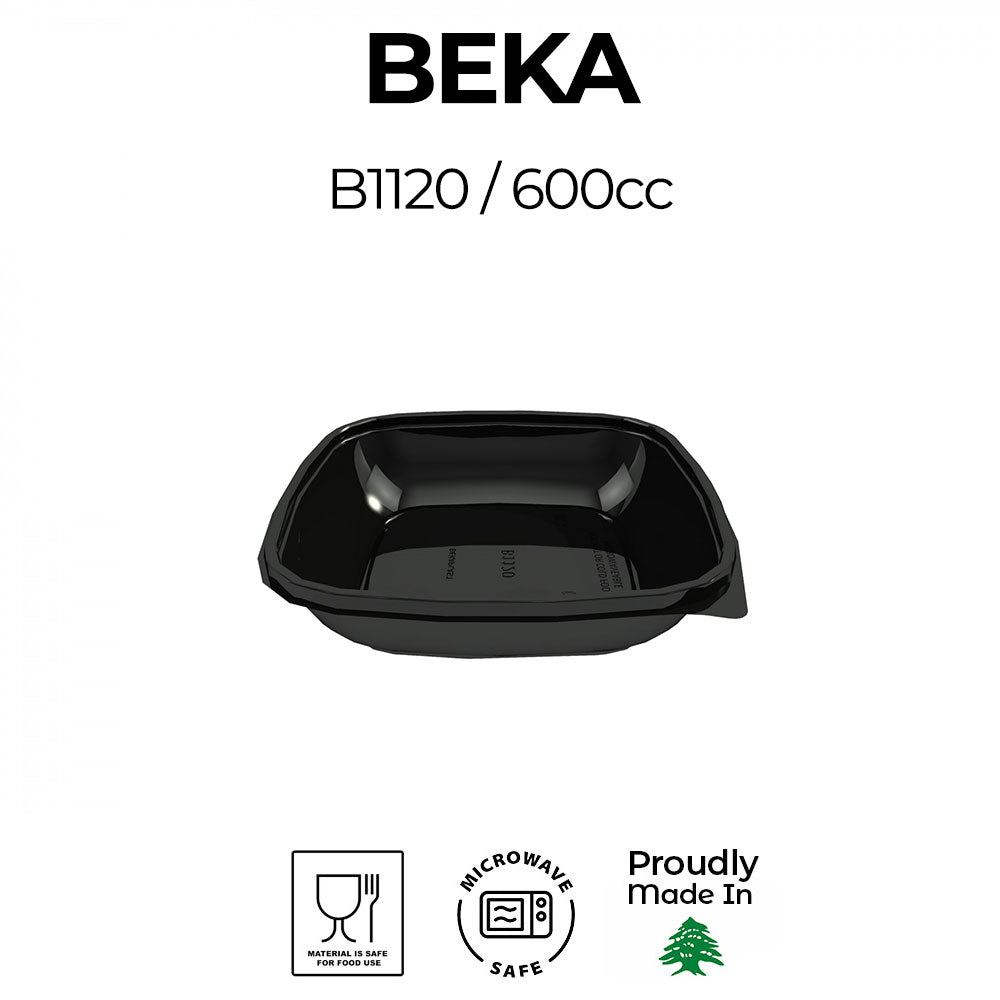 Black plastic container with Beka branding and product details on a white background