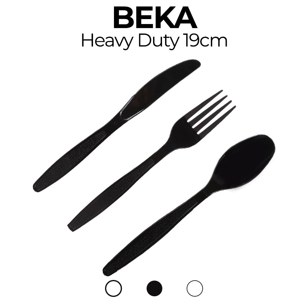 Black cutlery set (fork, knife, spoon) with 'Beka' branding on a white background