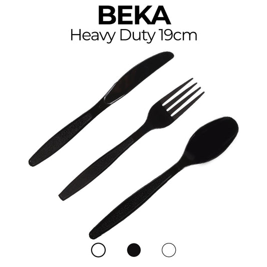 Black cutlery set (fork, knife, spoon) with 'Beka' branding on a white background
