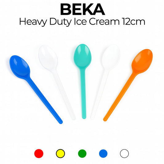Four colorful ice cream spoons with 'Beka' branding on a white background
