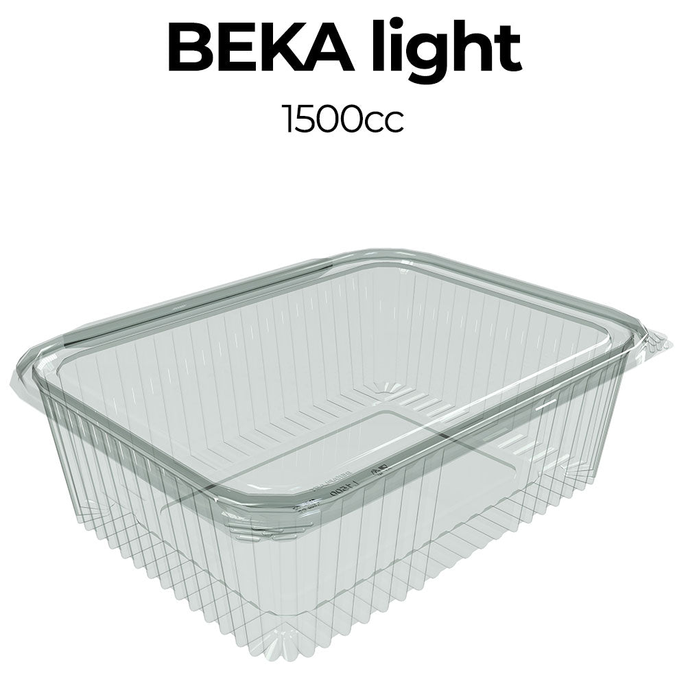 Clear plastic container with 'Beka light' branding and volume indication on a white background