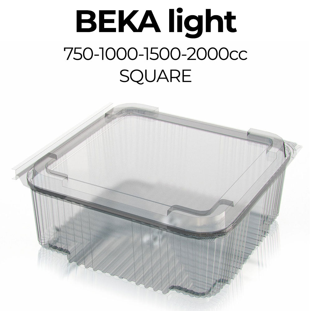 Clear plastic container with 'Beka light' branding and volume specifications on a white background