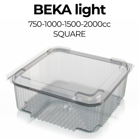 Clear plastic container with 'Beka light' branding and volume specifications on a white background