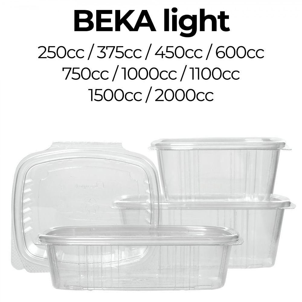 Clear plastic food containers with BEKA light branding and volume capacities listed.