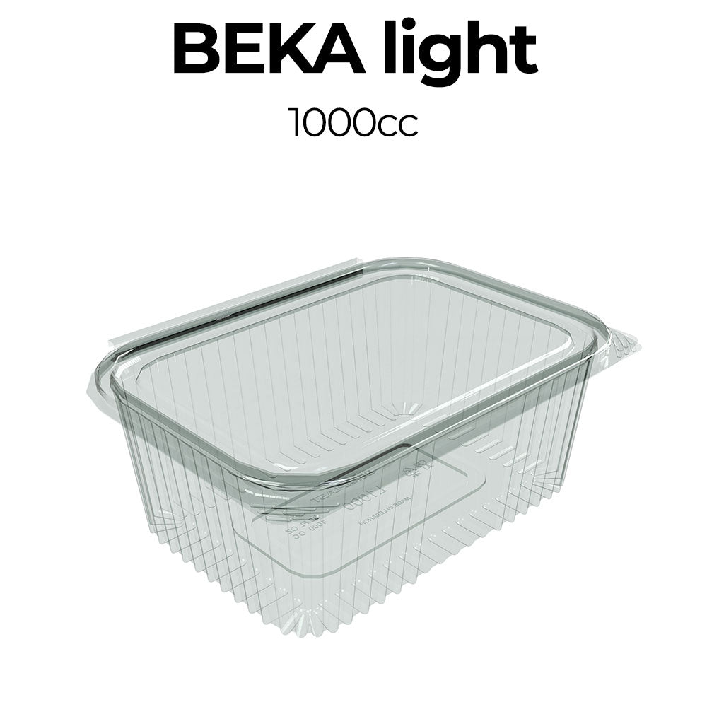 Clear plastic container with lid labeled 'Beka light' and '1000cc' on a white background