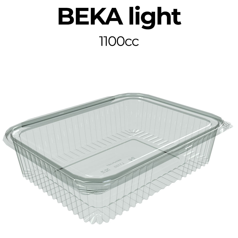 Clear plastic container with lid labeled 'Beka light' on a white background
