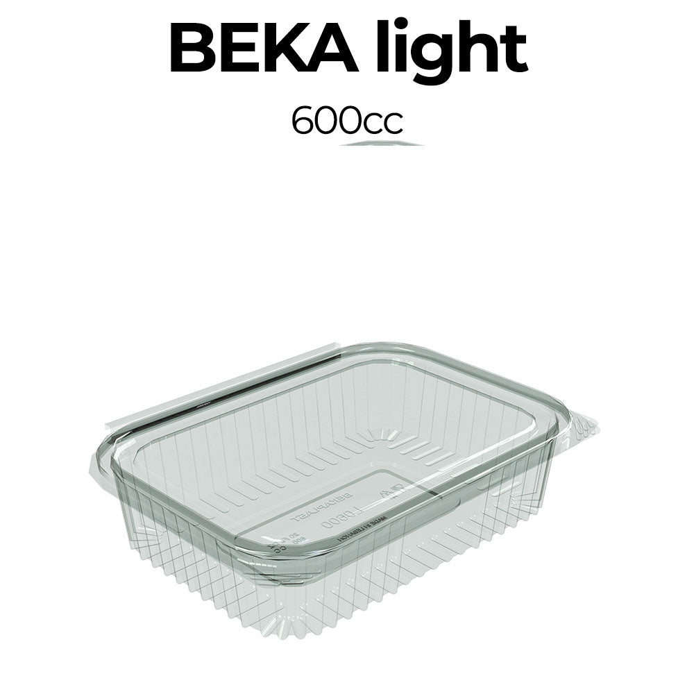 Clear glass food container with lid labeled 'Beka light' and '600cc' on a white background.