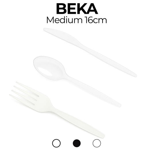 White plastic cutlery set with 'Beka' branding on a white background
