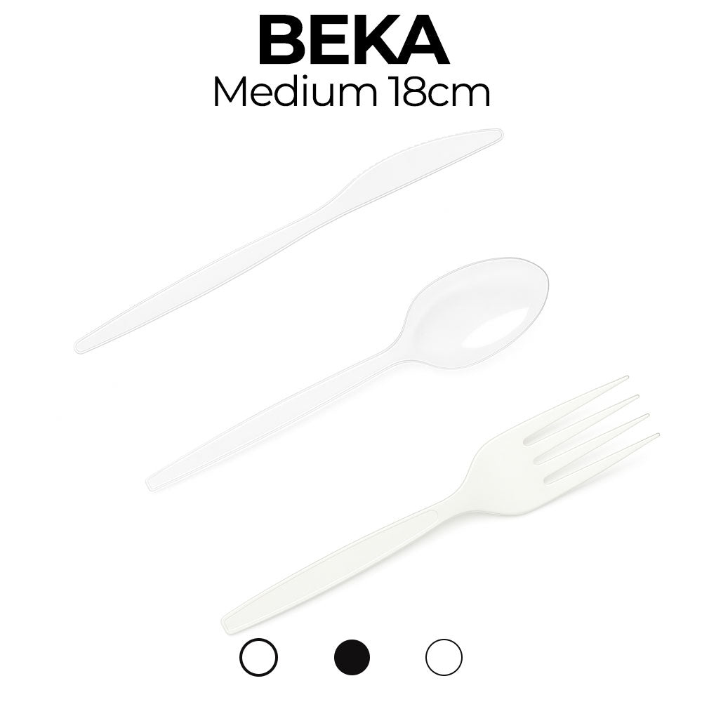 White plastic cutlery set with 'Beka' branding on a white background