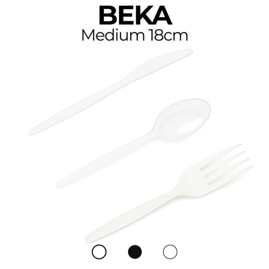White plastic cutlery set with 'Beka' branding on a white background