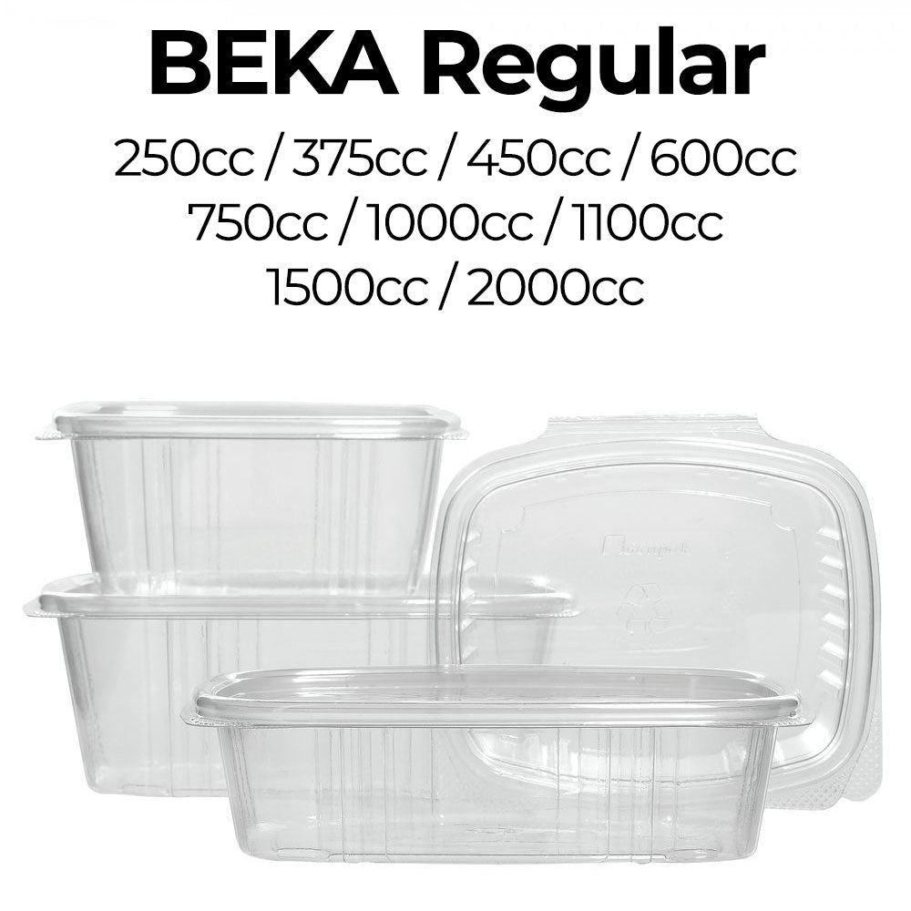 Clear plastic food containers with varying capacities and 'Beka Regular' branding on a white background.