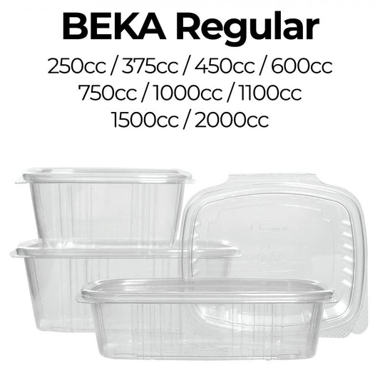 Clear plastic food containers with varying capacities and 'Beka Regular' branding on a white background.