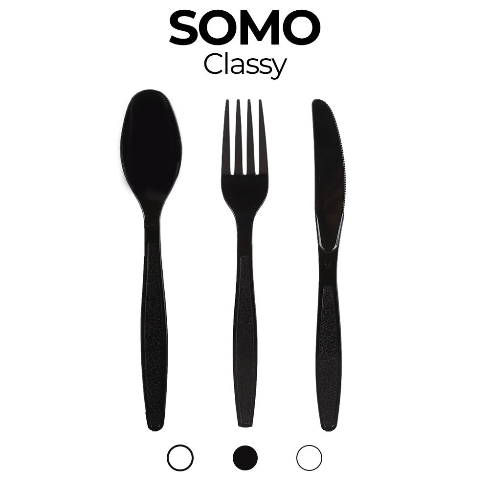Black cutlery set with 'SOMO Classy' branding on a white background