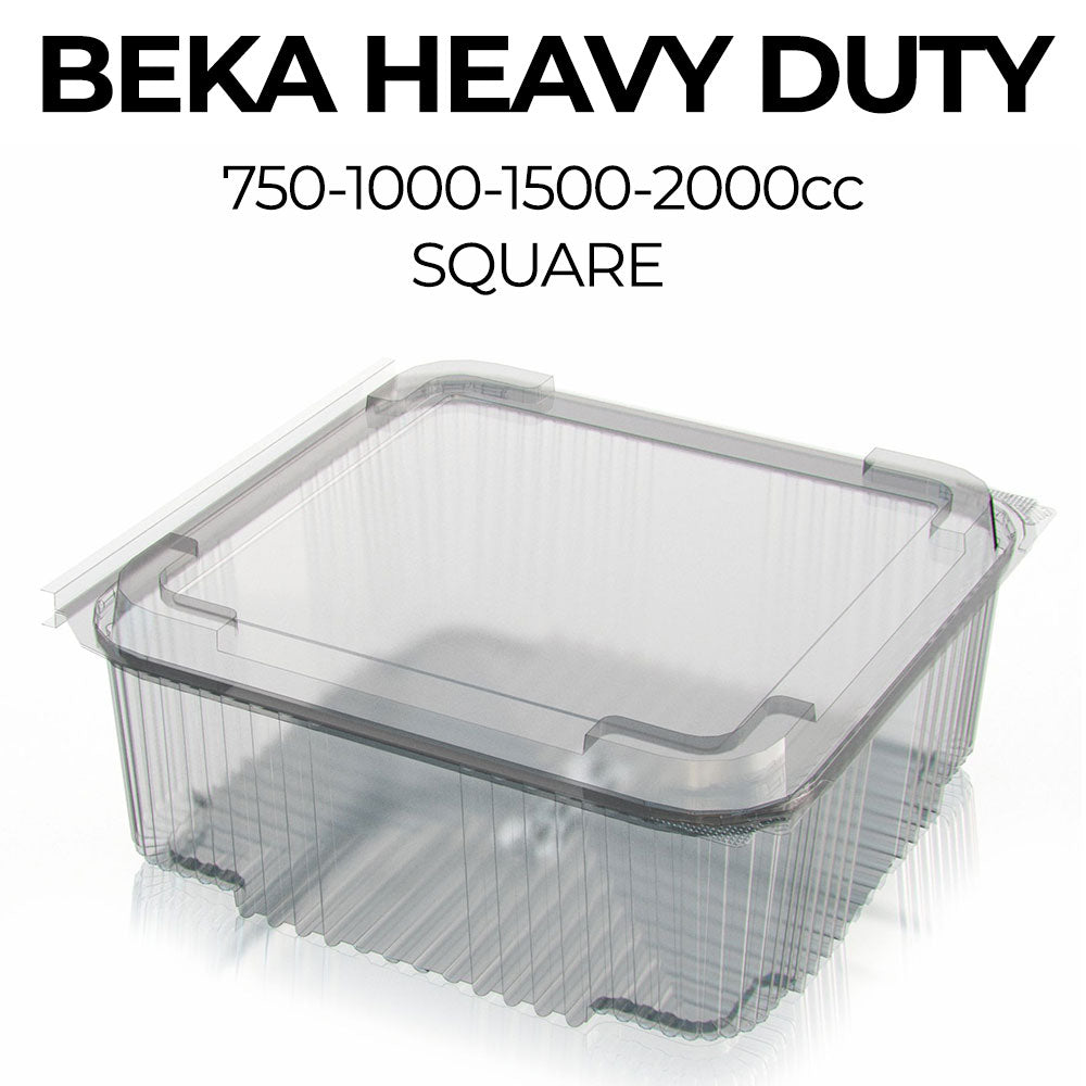 Clear plastic container with lid labeled 'Beka Heavy Duty' on a white background