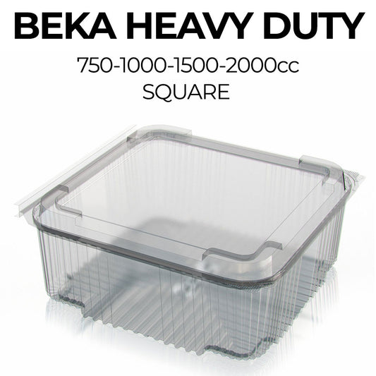 Clear plastic container with lid labeled 'Beka Heavy Duty' on a white background