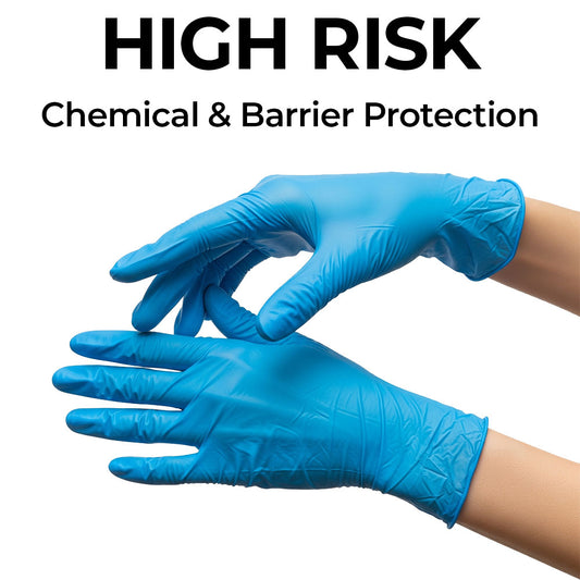 Blue gloves with text 'HIGH RISK Chemical & Barrier Protection' on a white background