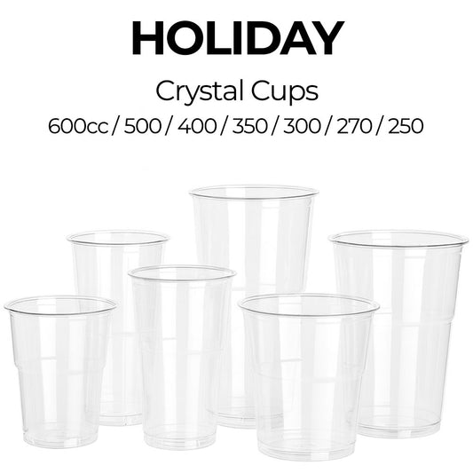 Set of clear plastic cups with varying capacities on a white background, labeled 'Holiday Crystal Cups'.
