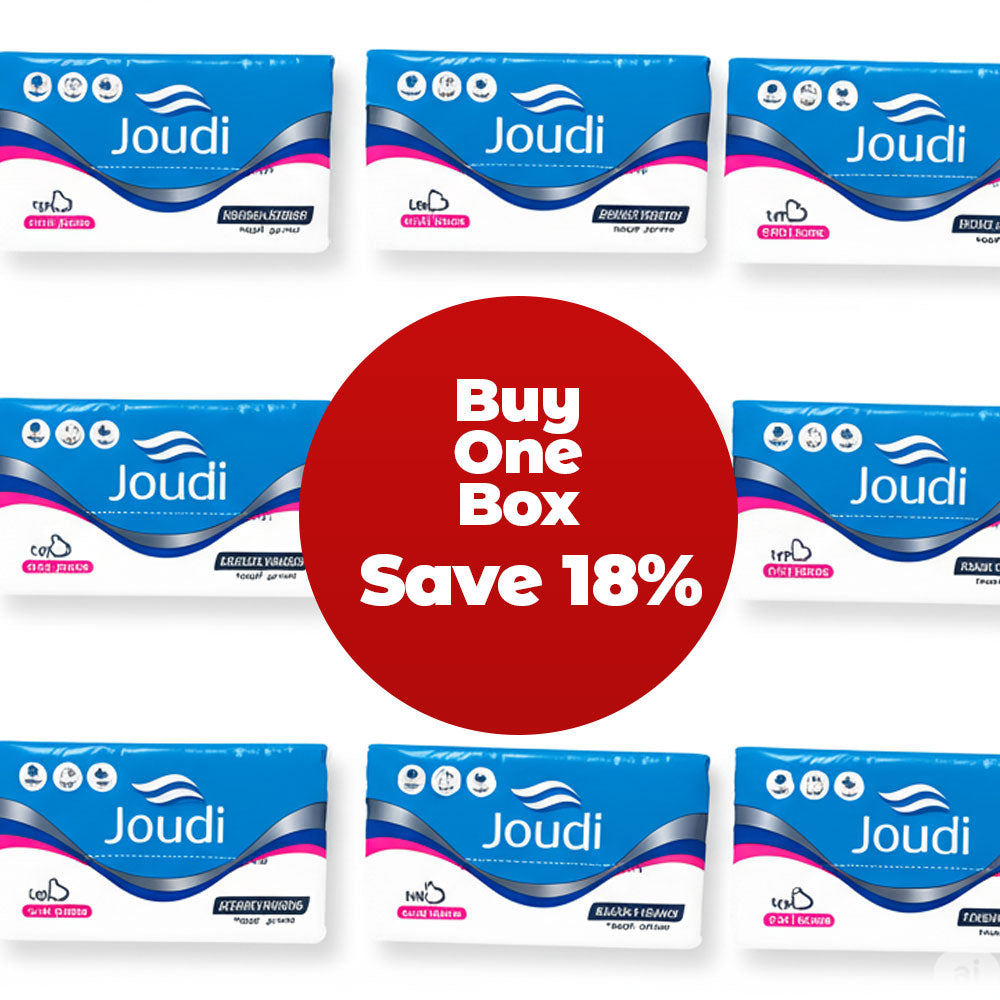 Multiple Joudi product boxes with a promotional message on a white background