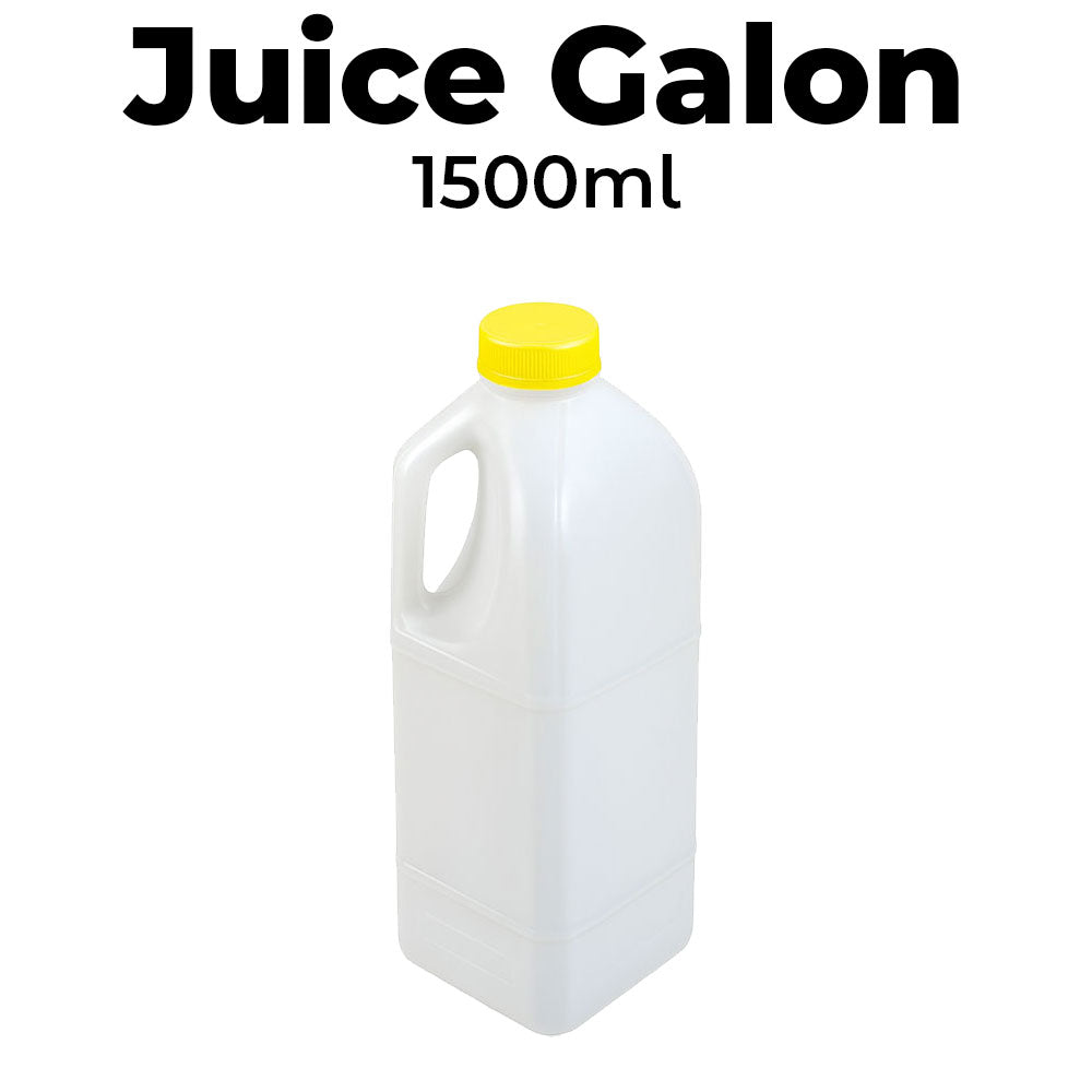 White plastic juice galon with yellow cap on a white background, labeled 'Juice Galon 1500ml'.