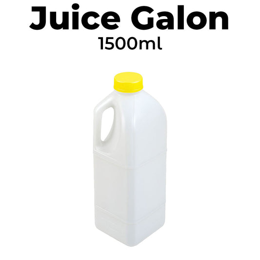 White plastic juice galon with yellow cap on a white background, labeled 'Juice Galon 1500ml'.