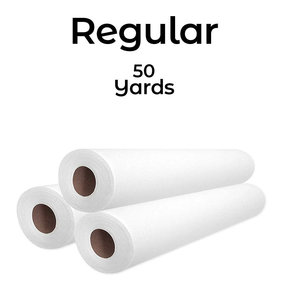 Three rolls of paper with 'Regular 50 yards' text on a white background