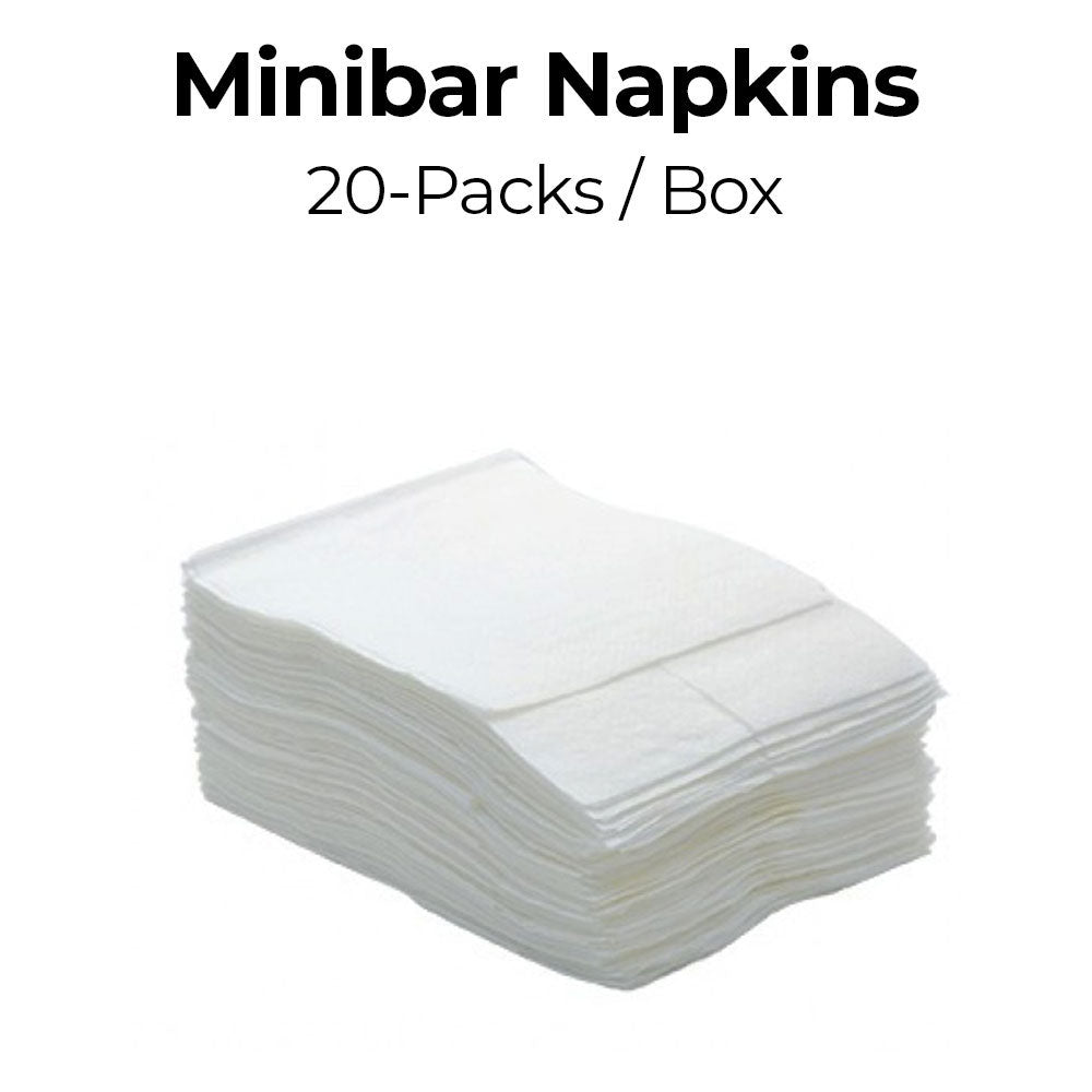 Stack of white minibar napkins with text indicating 20 packs per box on a white background