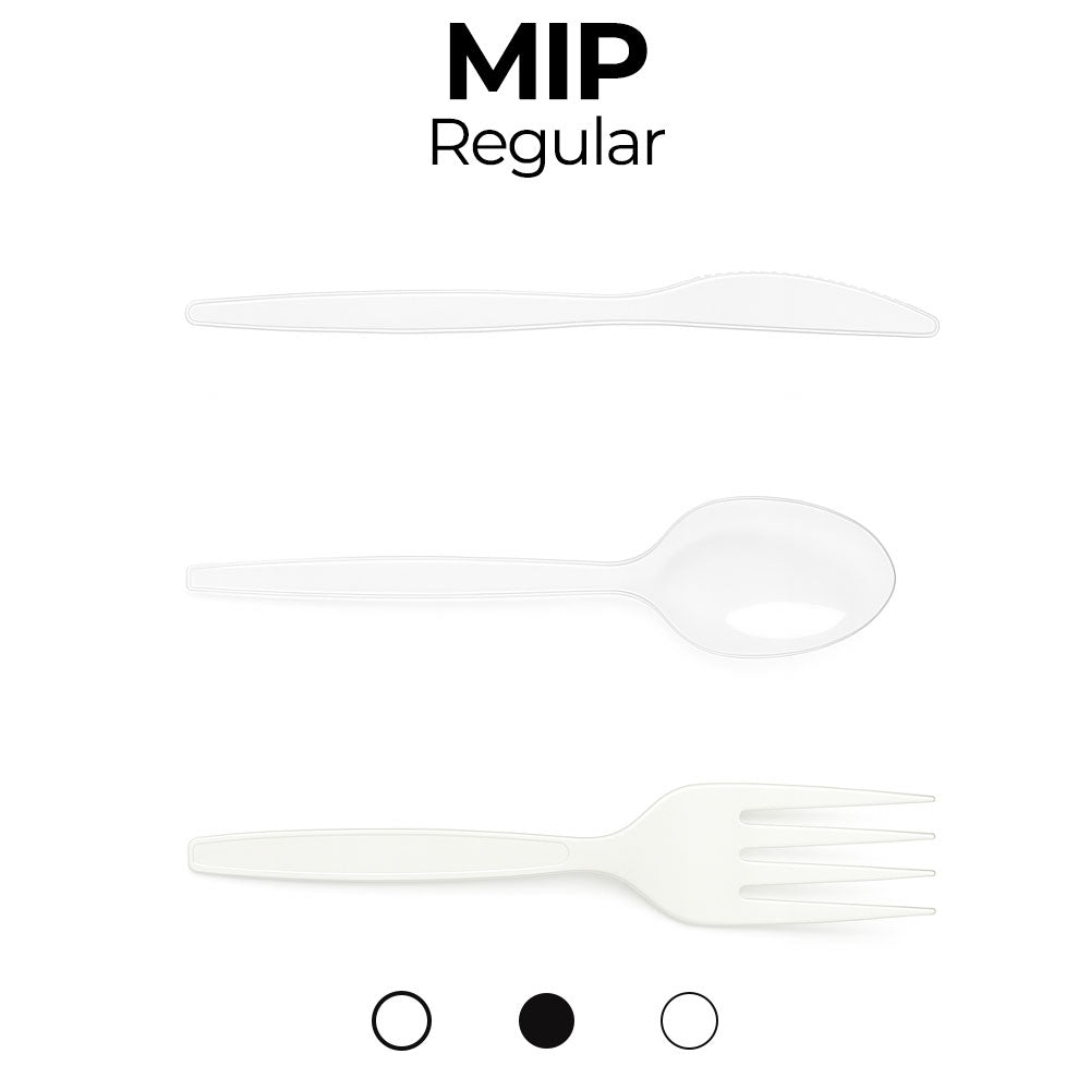 Clear plastic spoon and fork on a white background with 'MIP Regular' text above.