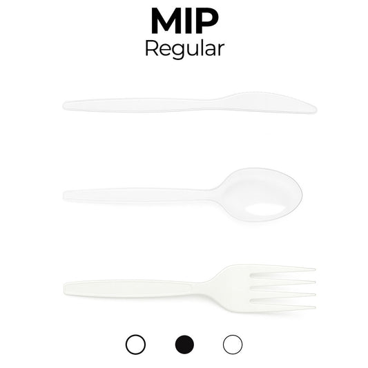 Clear plastic spoon and fork on a white background with 'MIP Regular' text above.