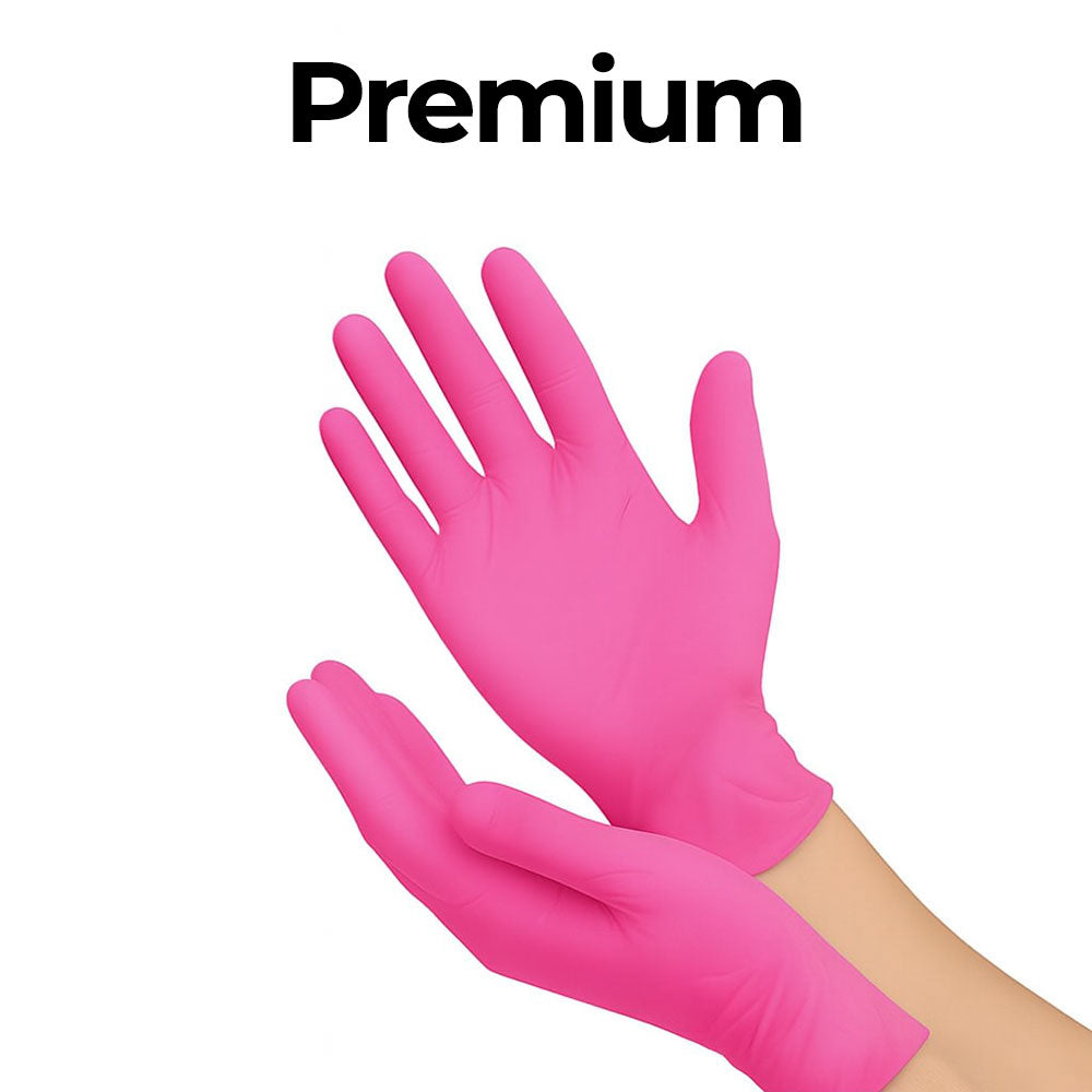 Pair of pink gloves with 'Premium' text on a white background