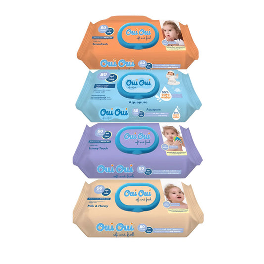 four packs of Oui Oui baby wipes in different flavors on a white background